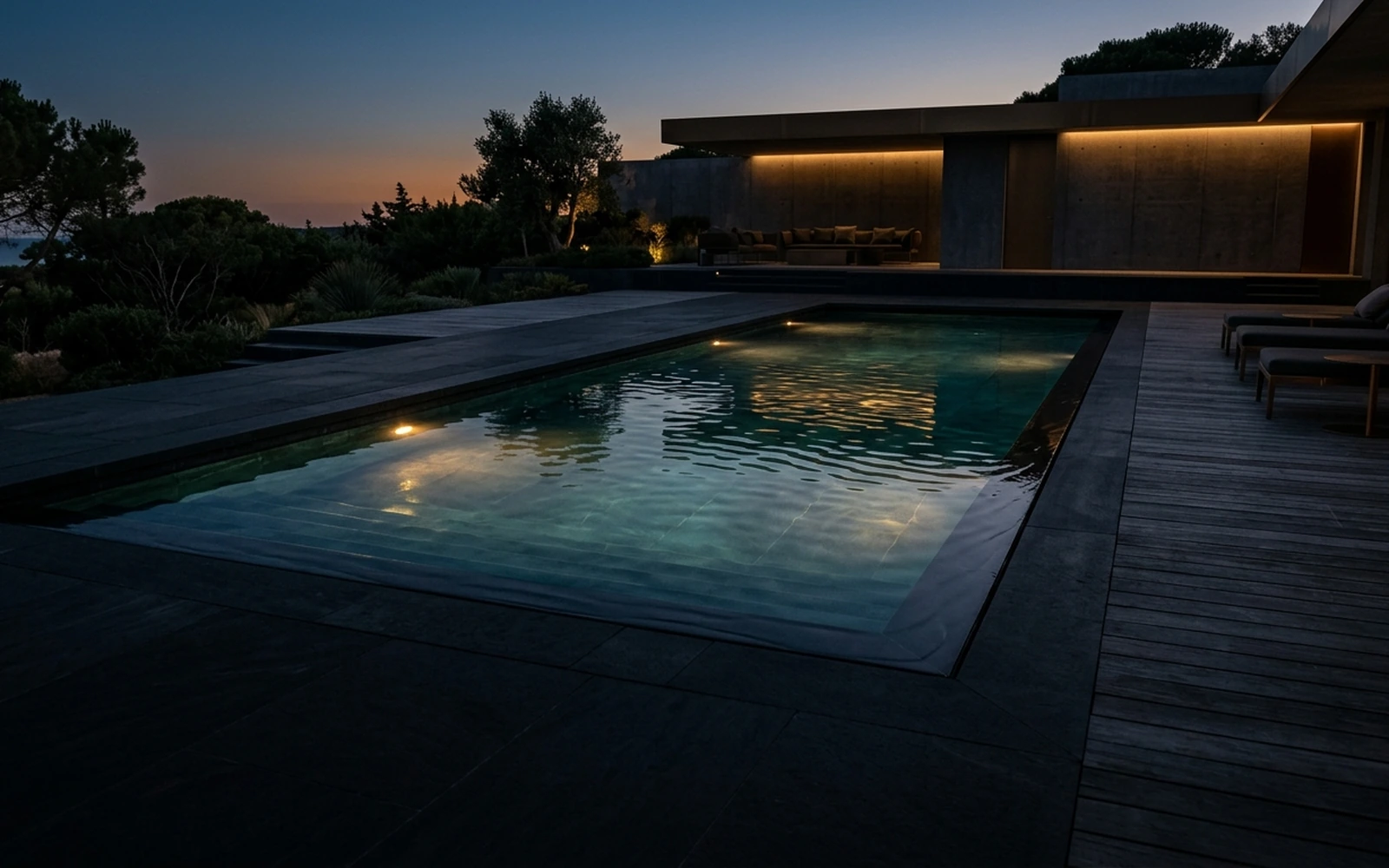 Alberca residencial de lujo a nivel de jardín con deck de madera y arquitectura contemporánea al atardecer