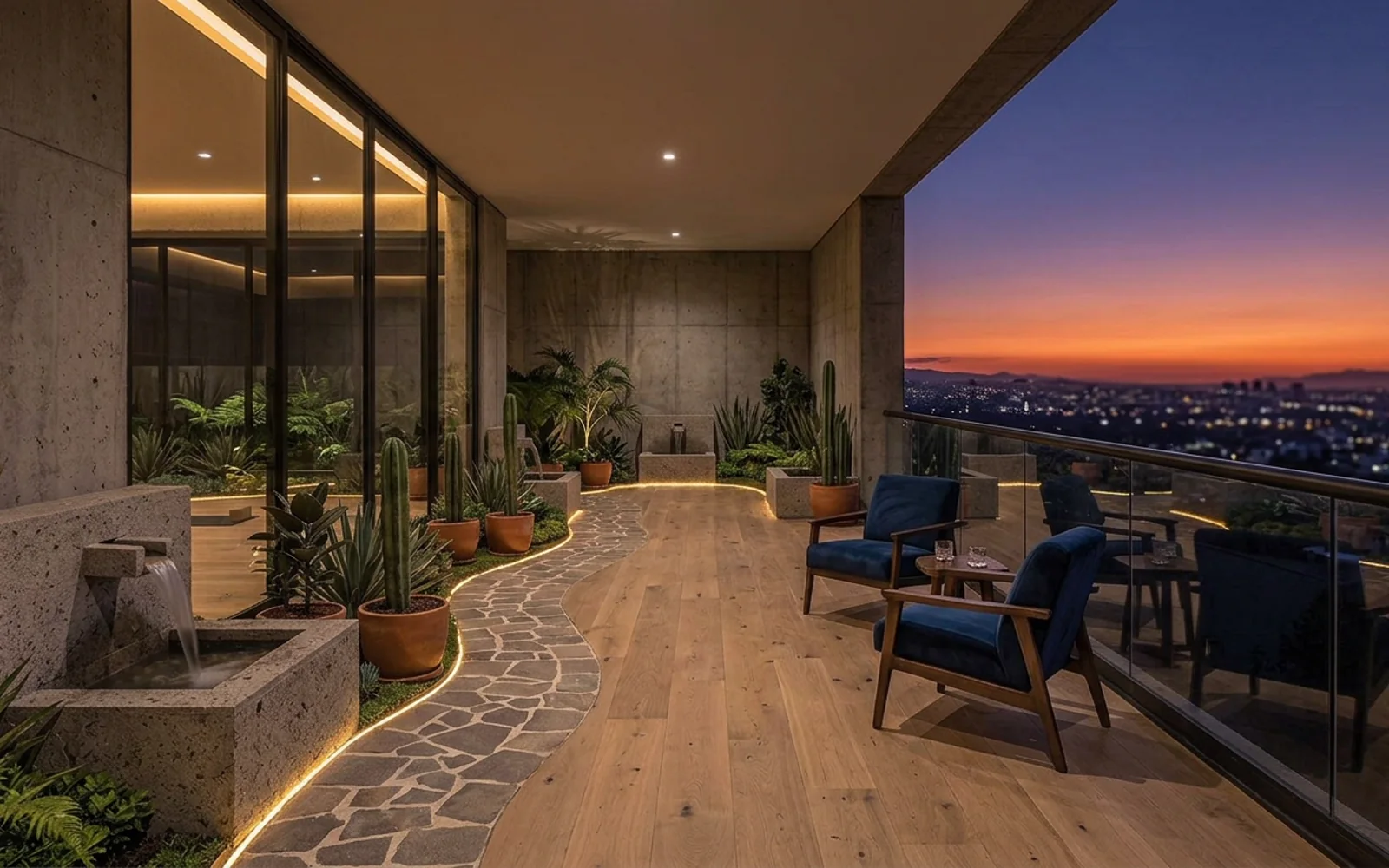 Balcón privado volado con mobiliario de exterior contemporáneo y vista abierta