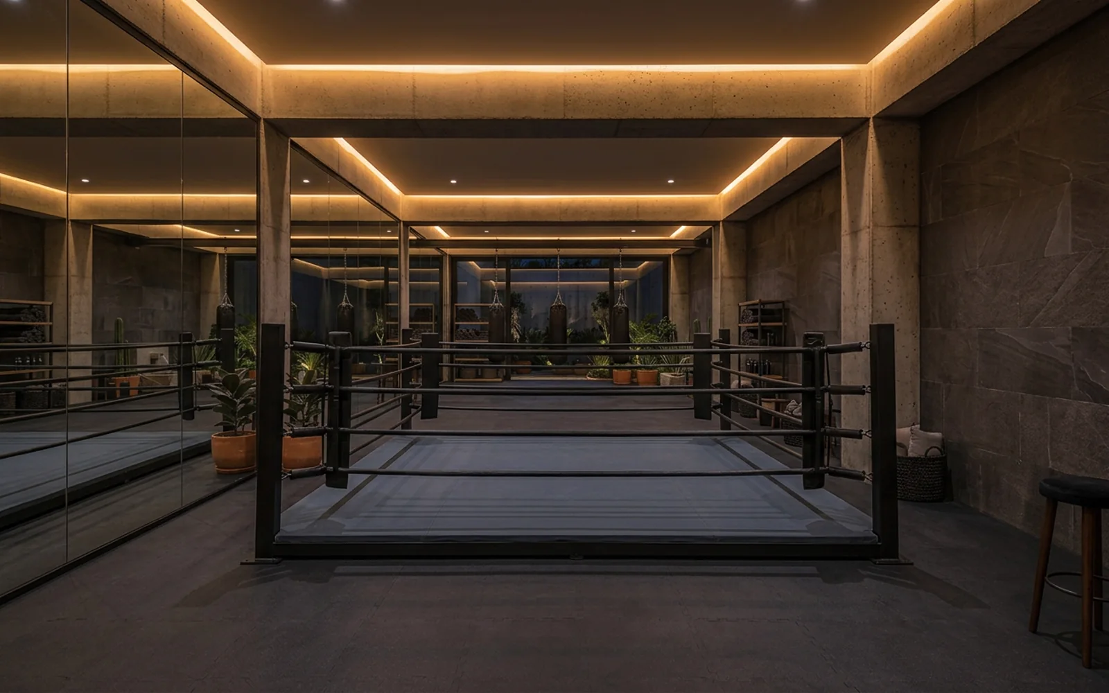 Ring de box residencial con costales colgantes y piso acolchado gris