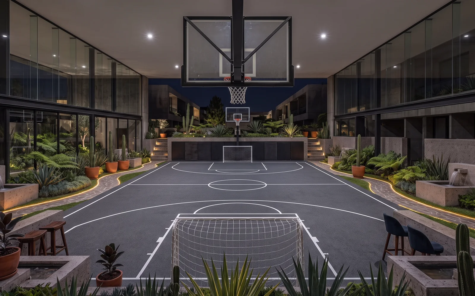 Cancha deportiva multiusos para baloncesto y fútbol con piso de poliuretano amortiguante