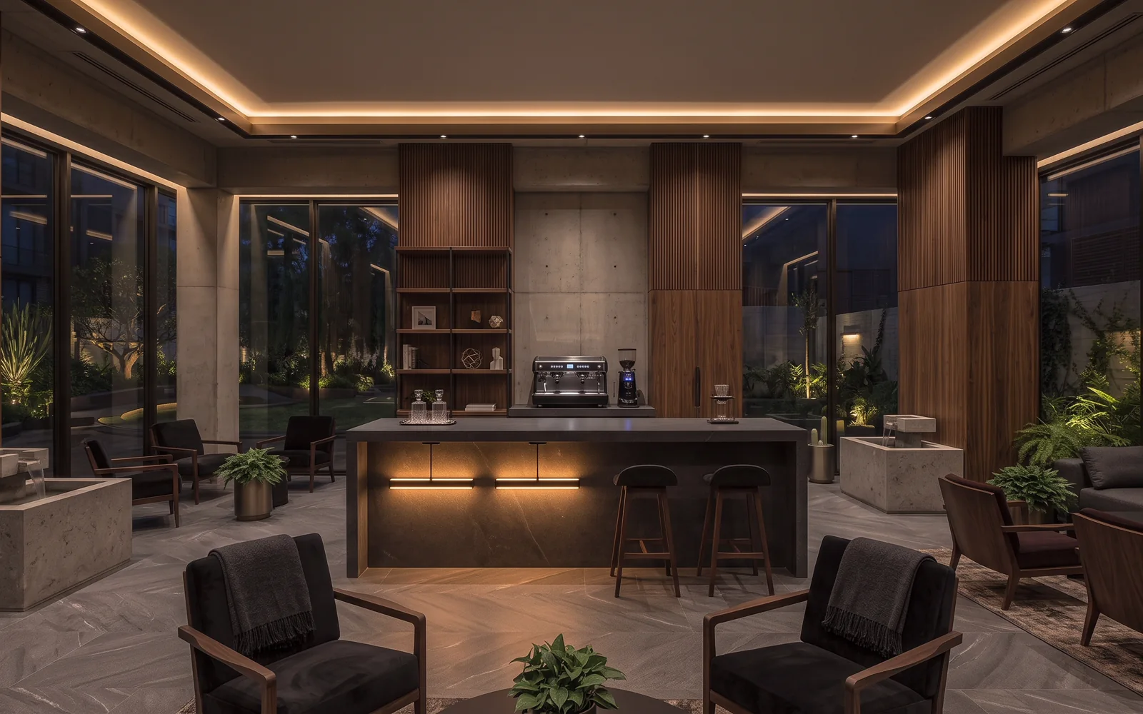 Coffee bar residencial con barra de café espresso y mobiliario estilo cafetería boutique