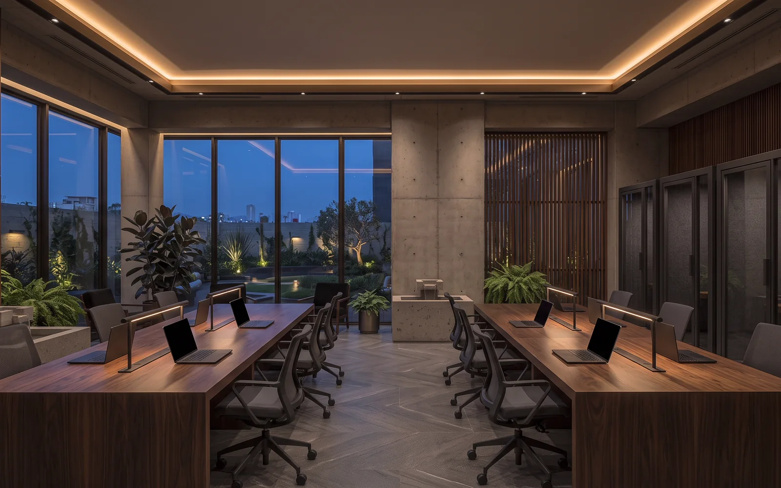 Espacio de coworking residencial con escritorios de trabajo de diseño y cabinas privadas