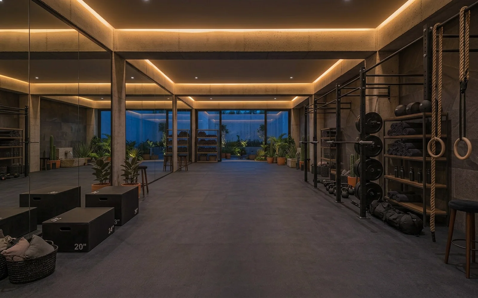 Zona de entrenamiento funcional con rack de pesas, cuerdas y cajones pliométricos