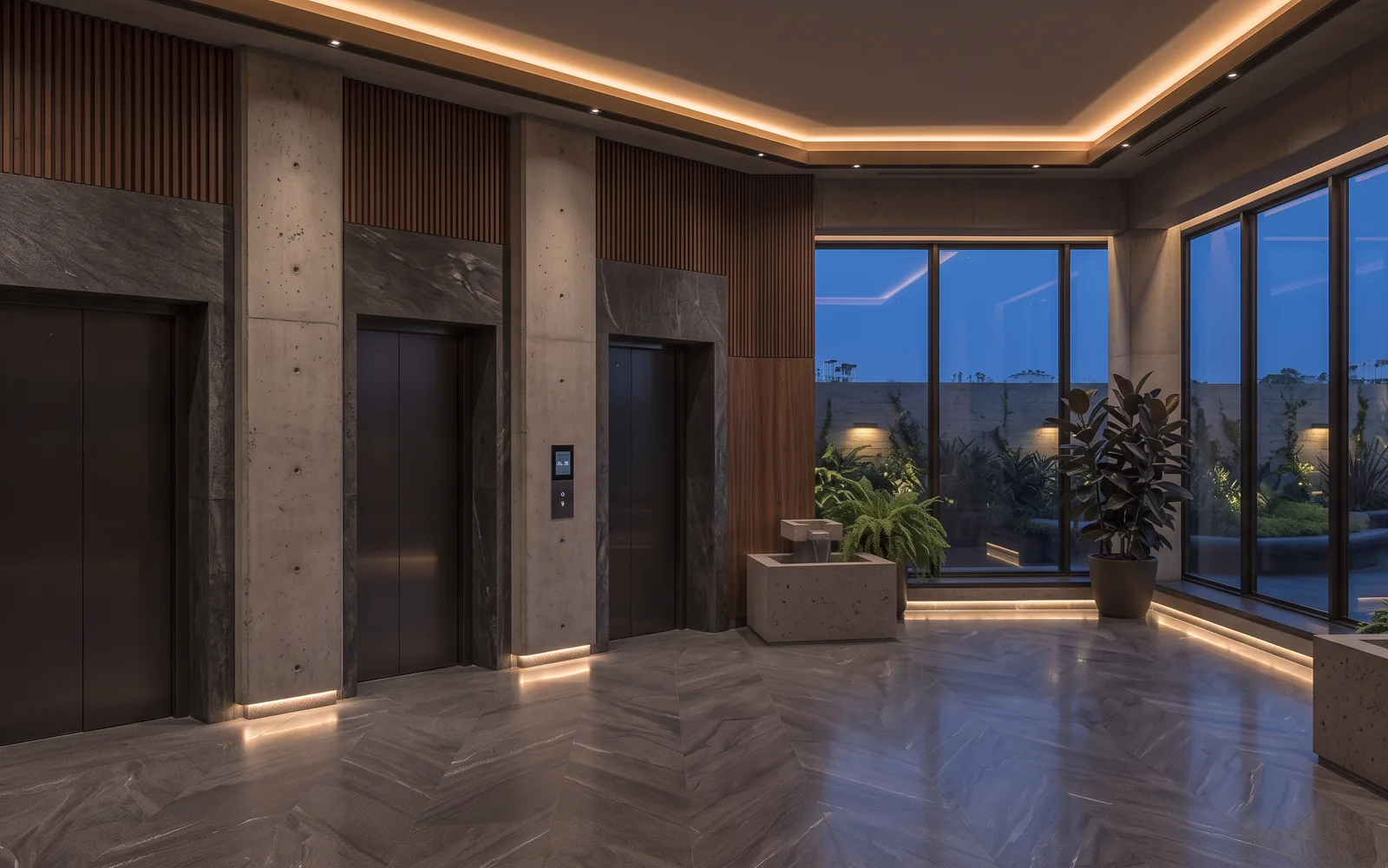 Vestíbulo de elevadores residenciales con puertas de acero satinado y marcos de mármol