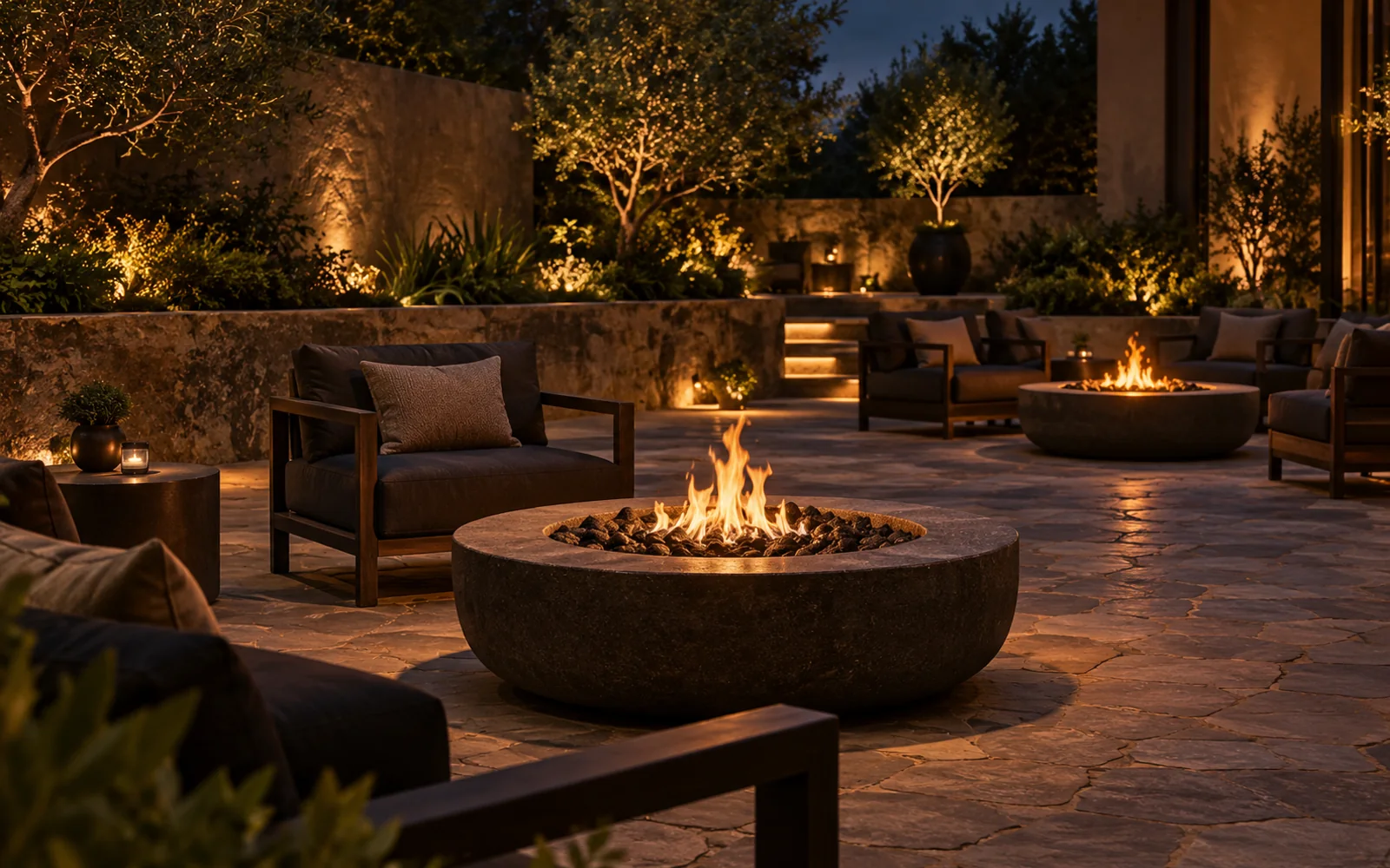 Terraza social con fogateros de piedra encendidos y salas lounge exteriores