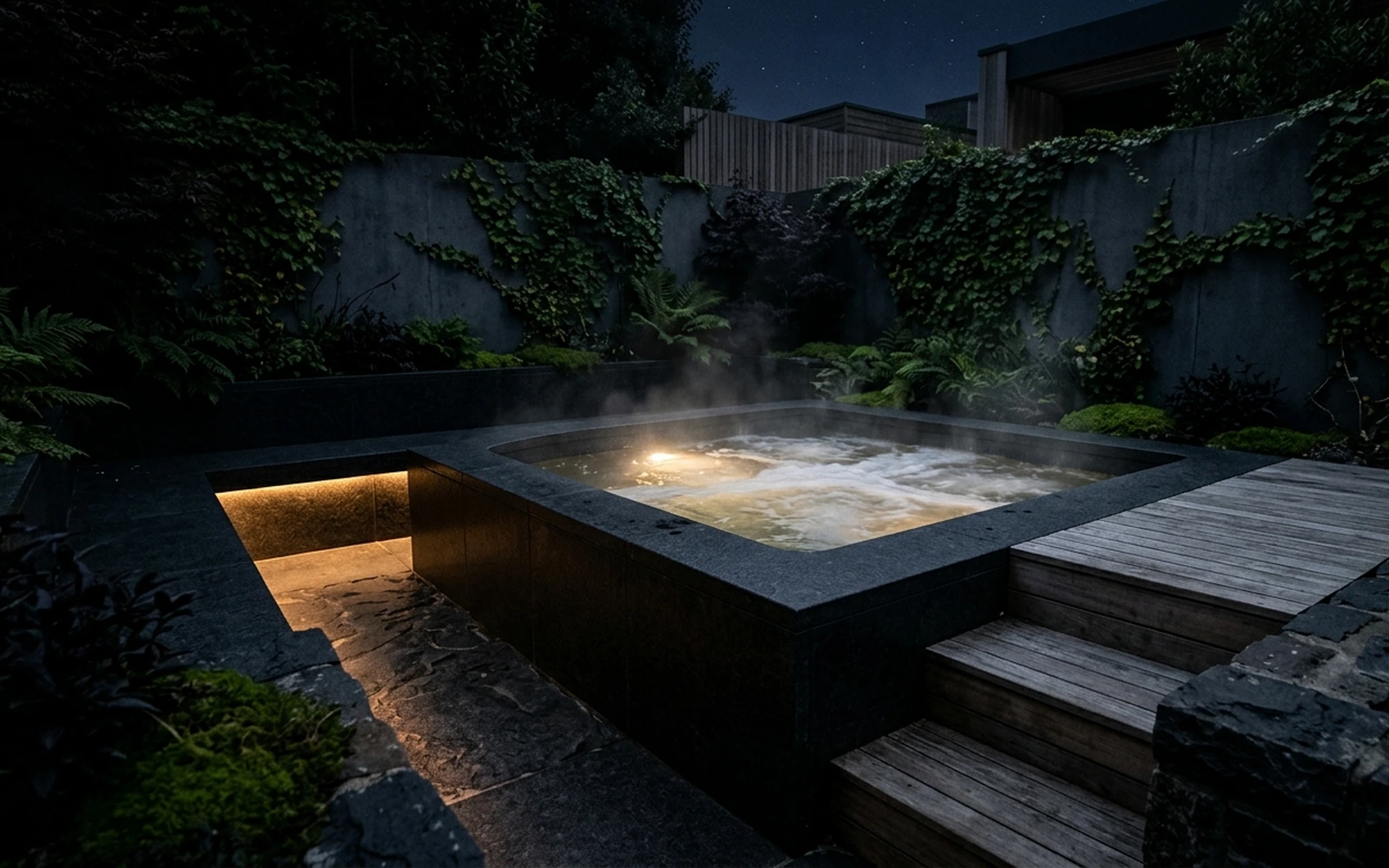 Jacuzzi de hidromasaje en piedra oscura con iluminación cálida indirecta