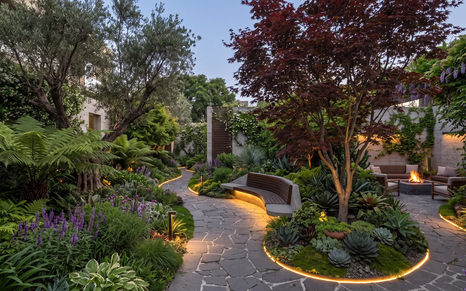 Jardín residencial contemplativo con vegetación densa y fuente de agua en piedra