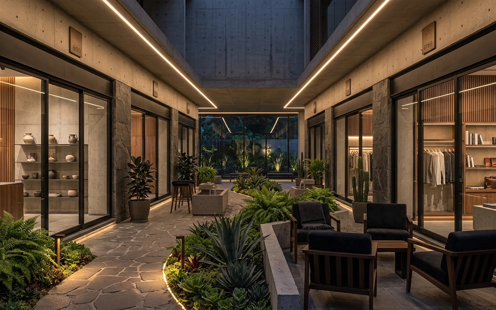 Planta baja comercial con escaparates de cristal y andador peatonal arbolado