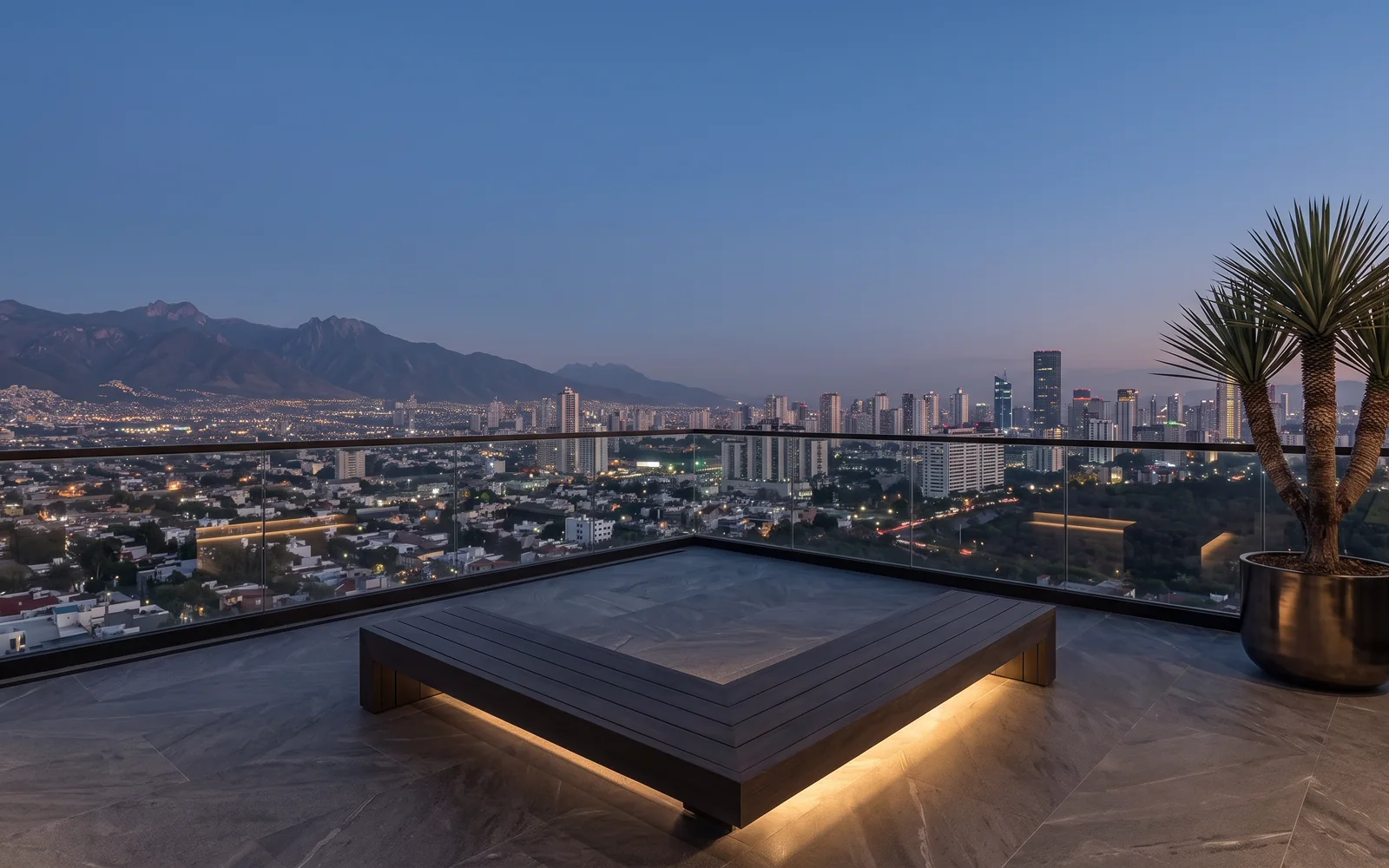 Mirador arquitectónico en voladizo con barandal de cristal y vista al horizonte