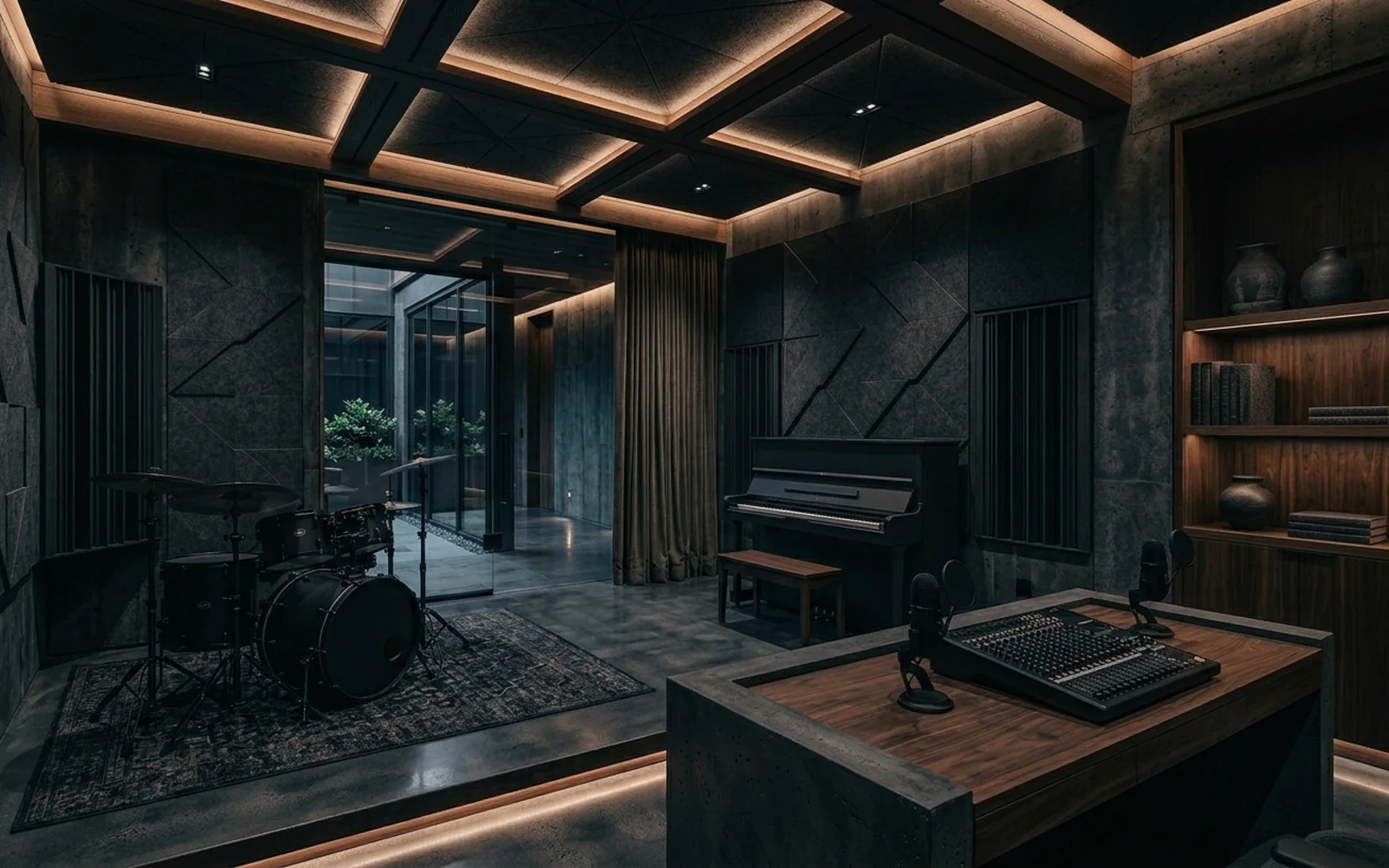 Estudio de música con batería, piano vertical y consola de grabación