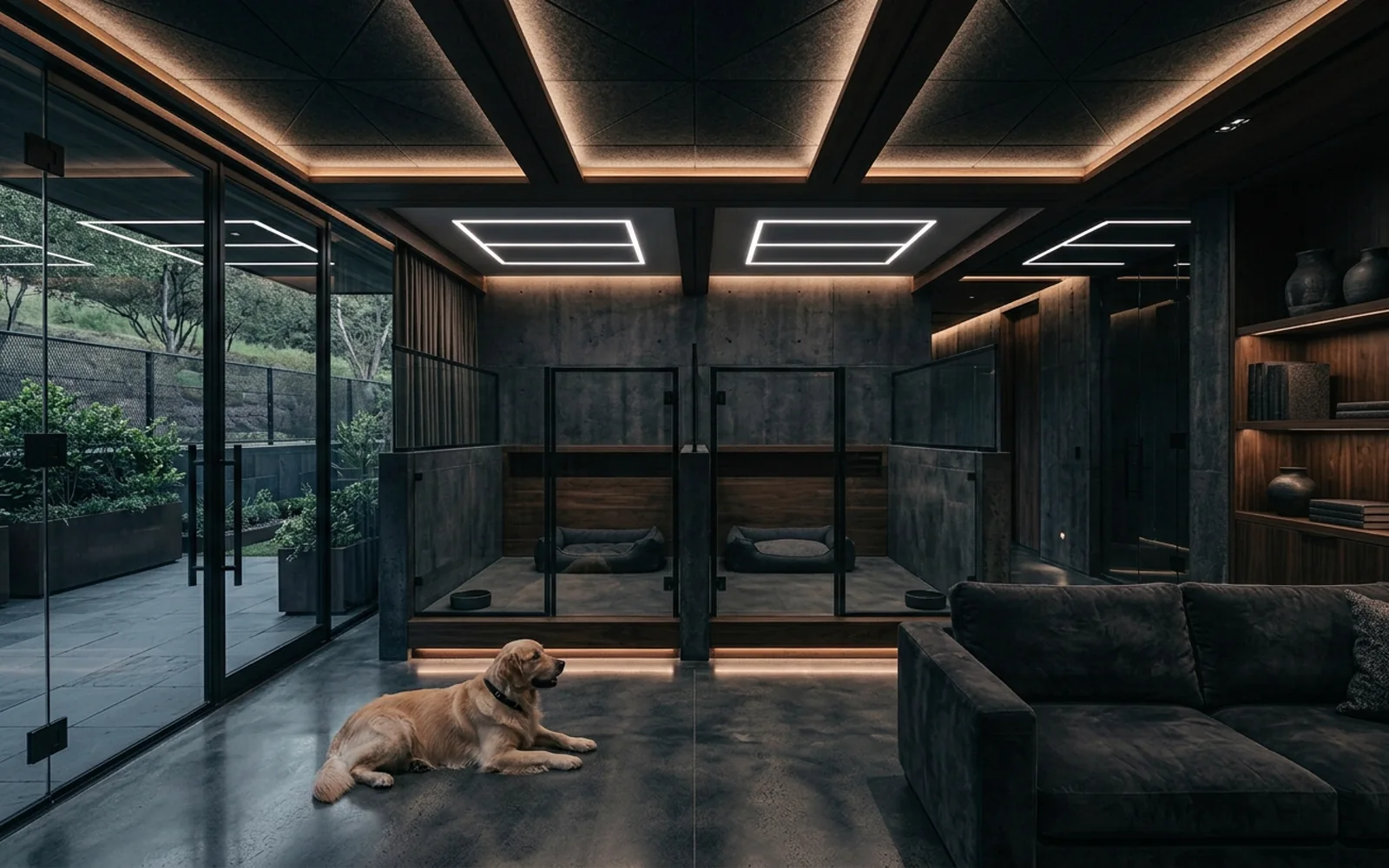 Suites para mascotas con paredes de cristal, camas individuales y terraza