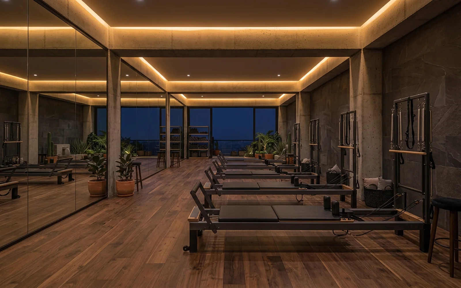 Estudio de pilates con reformers alineados, piso de madera y vista panorámica