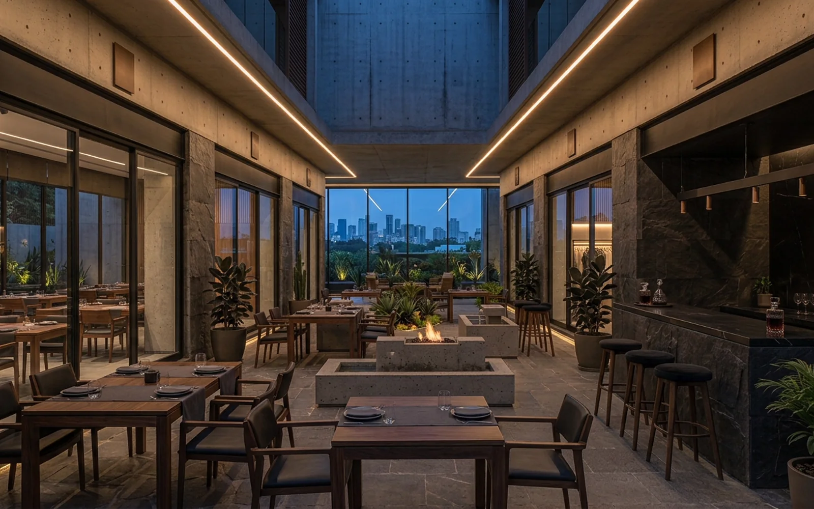 Restaurante gourmet residencial con mesas de diseño e iluminación cálida ambiental