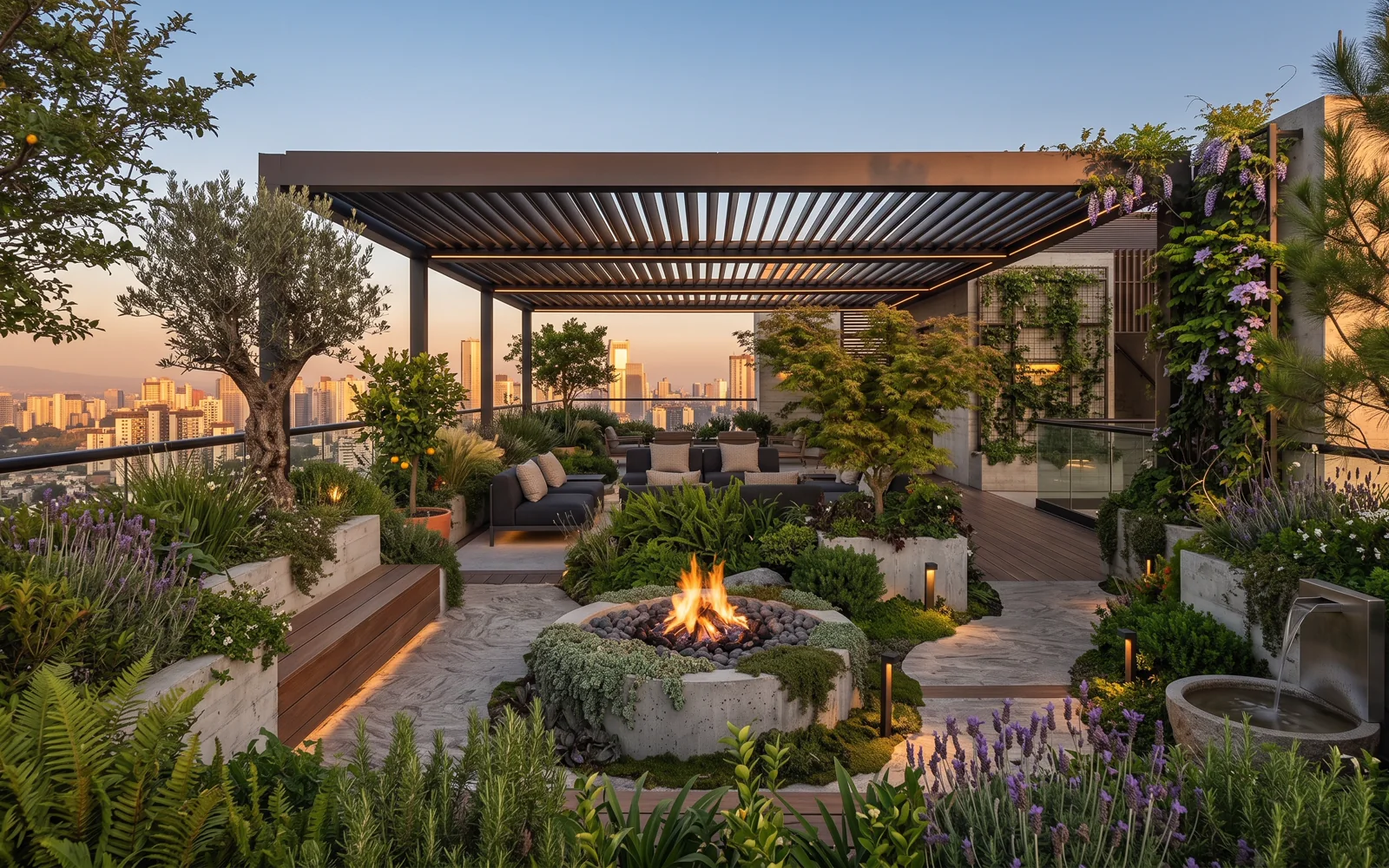Roof garden con jardineras elevadas, pérgola de madera y vegetación densa