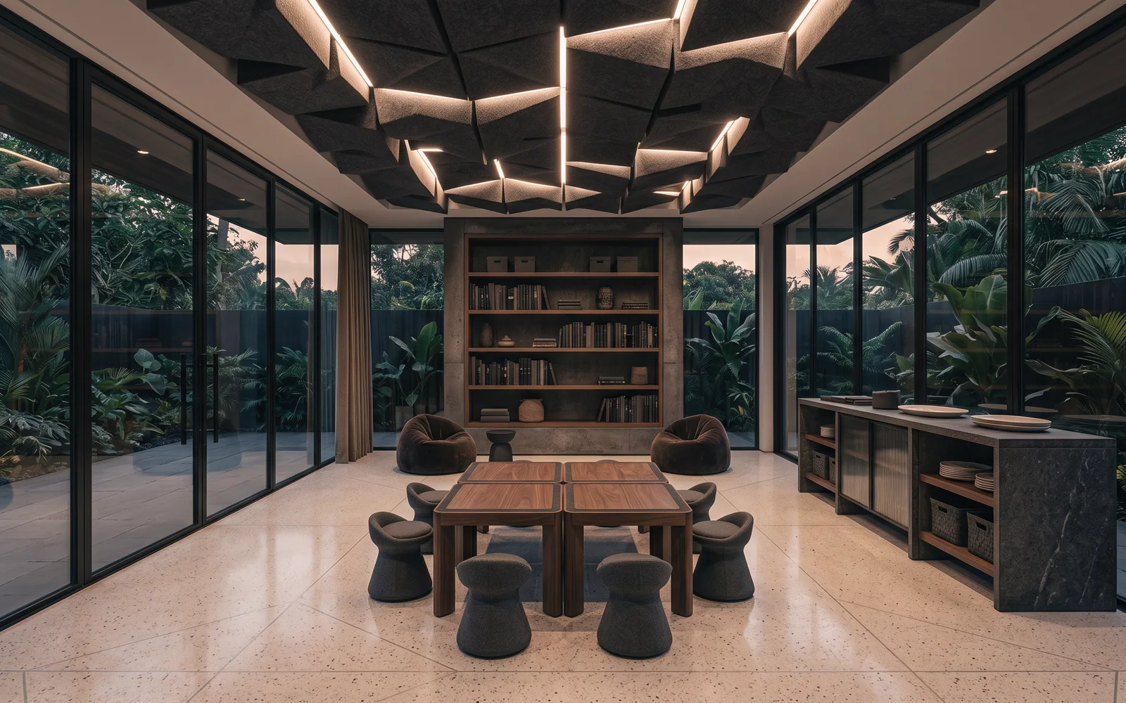 Salón infantil luminoso con puf, librero y mesa de actividades baja