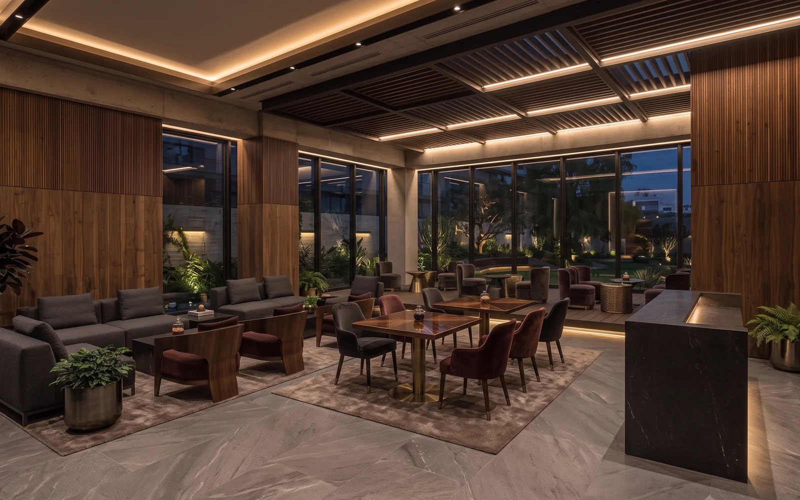 Salón social y clubhouse con mesa de billar de diseño y acabados en madera oscura