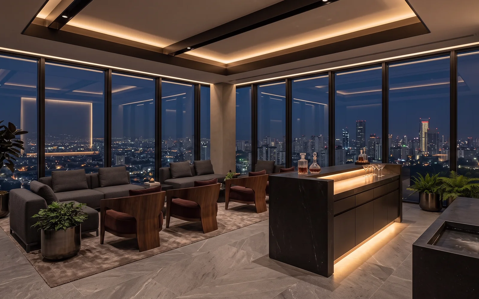 Sky lounge en piso alto con barra de ónix retroiluminado y ventanales panorámicos