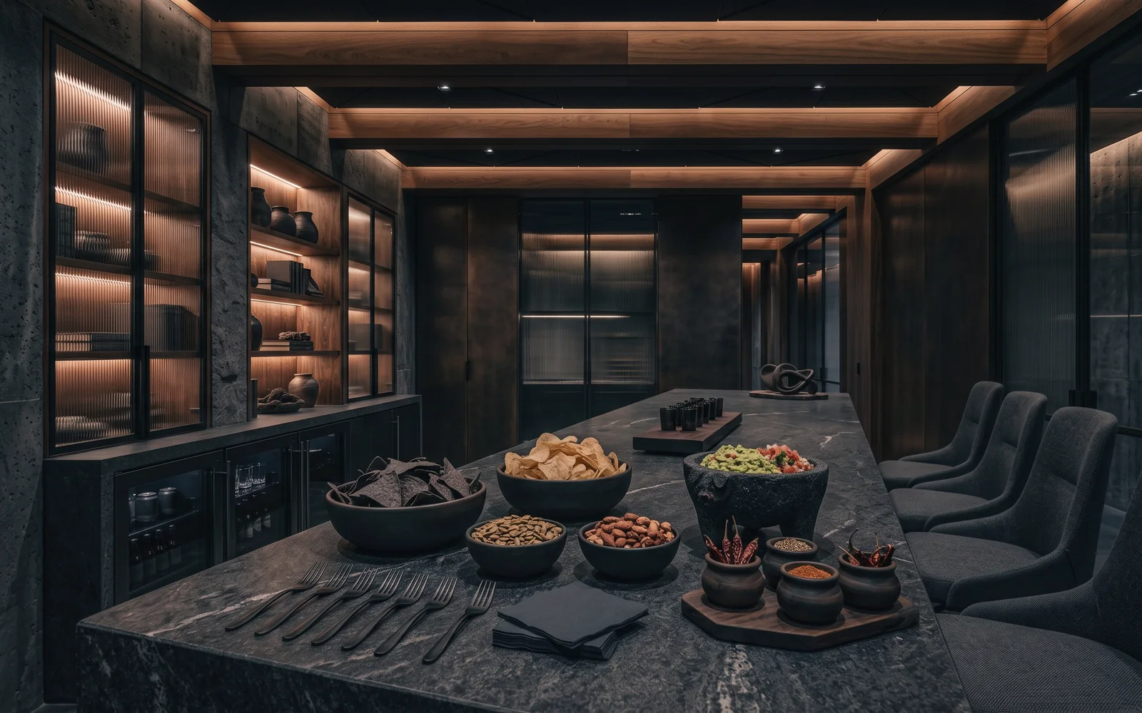 Barra de snacks con botanas, guacamole y especias servidas sobre mármol oscuro