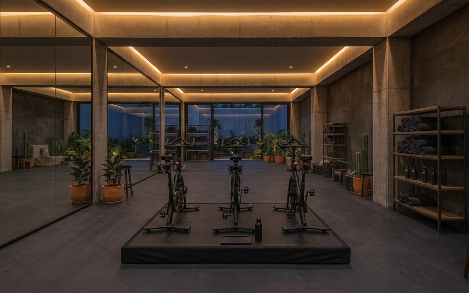 Sala de spinning con bicicletas fijas alineadas frente a espejo de piso a techo