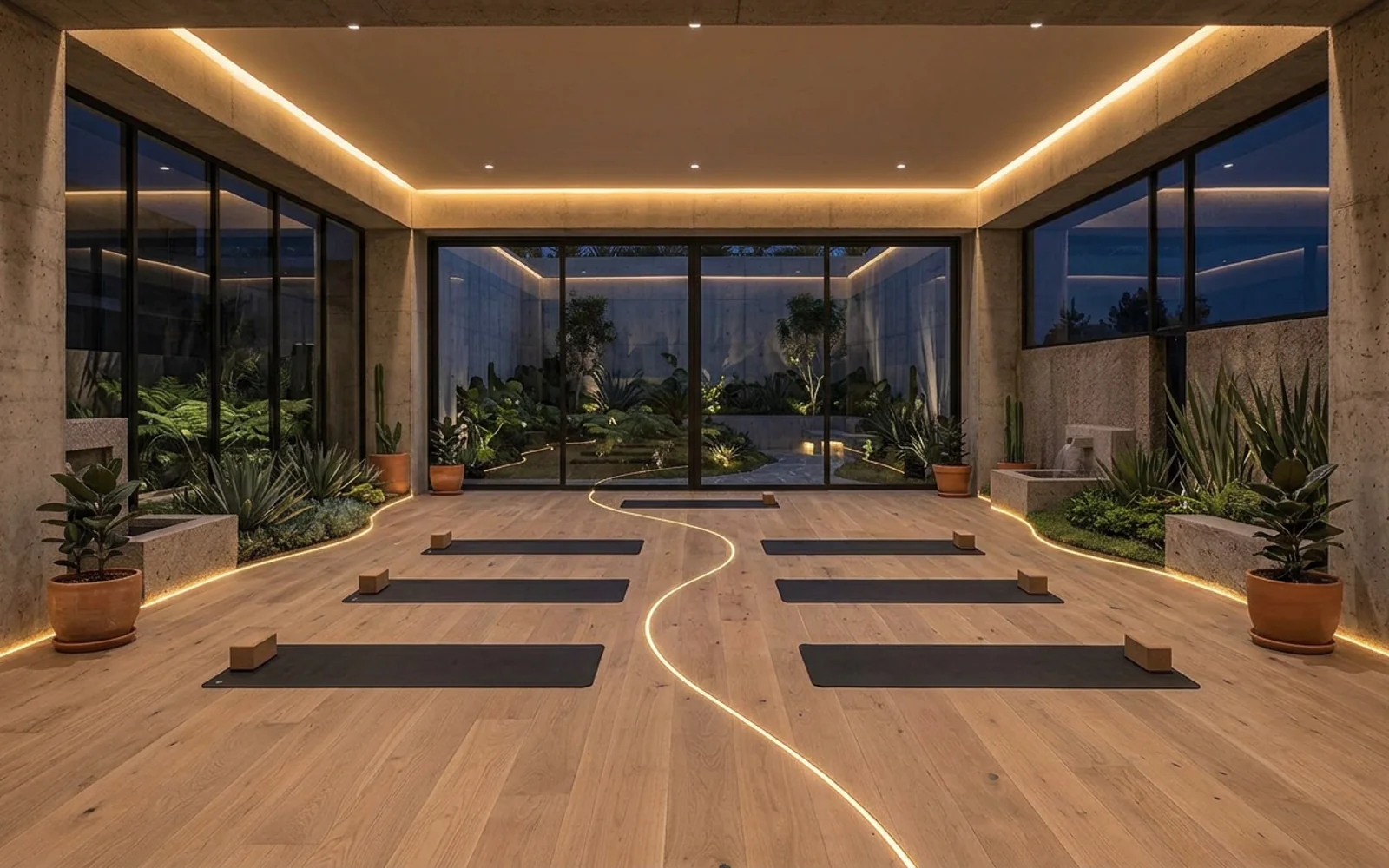 Estudio de yoga y meditación con duela de madera clara y luz matutina difusa