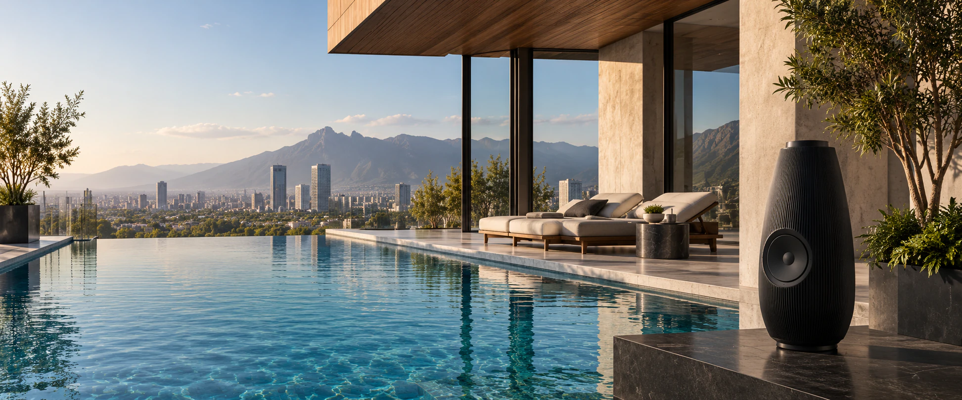 Amenidad residencial con alberca y vista a la ciudad