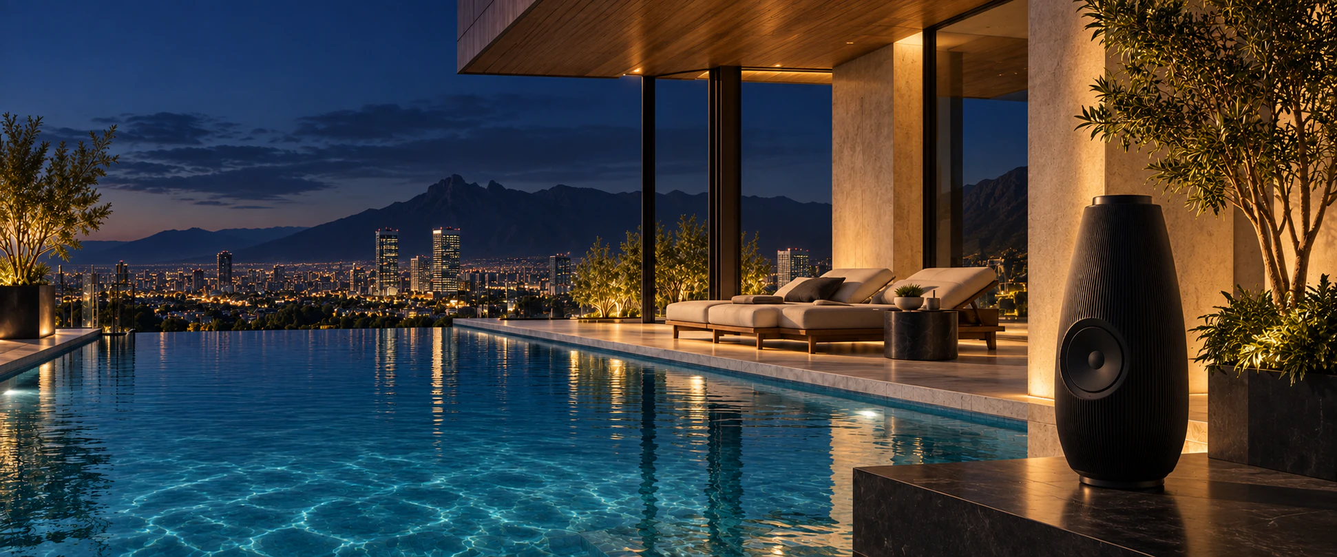 Amenidad residencial con alberca y vista a la ciudad