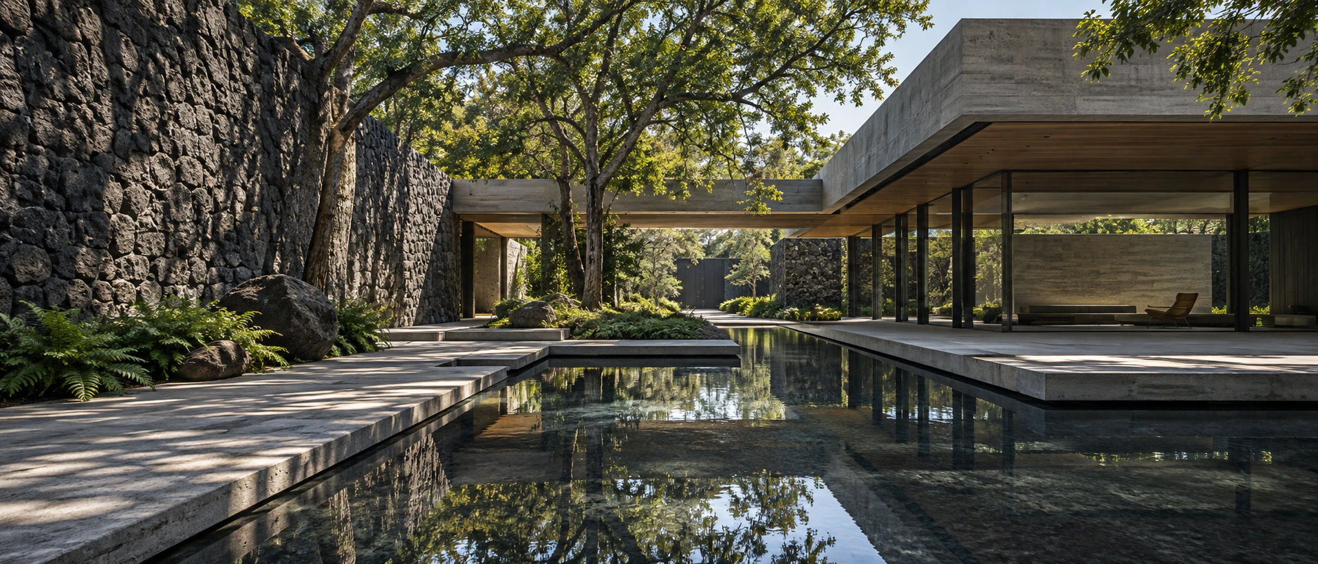 Residencia mexicana contemporánea de autor con piedra volcánica y espejo de agua