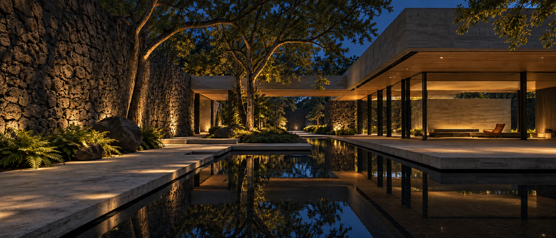 Residencia mexicana contemporánea de autor con piedra volcánica y espejo de agua