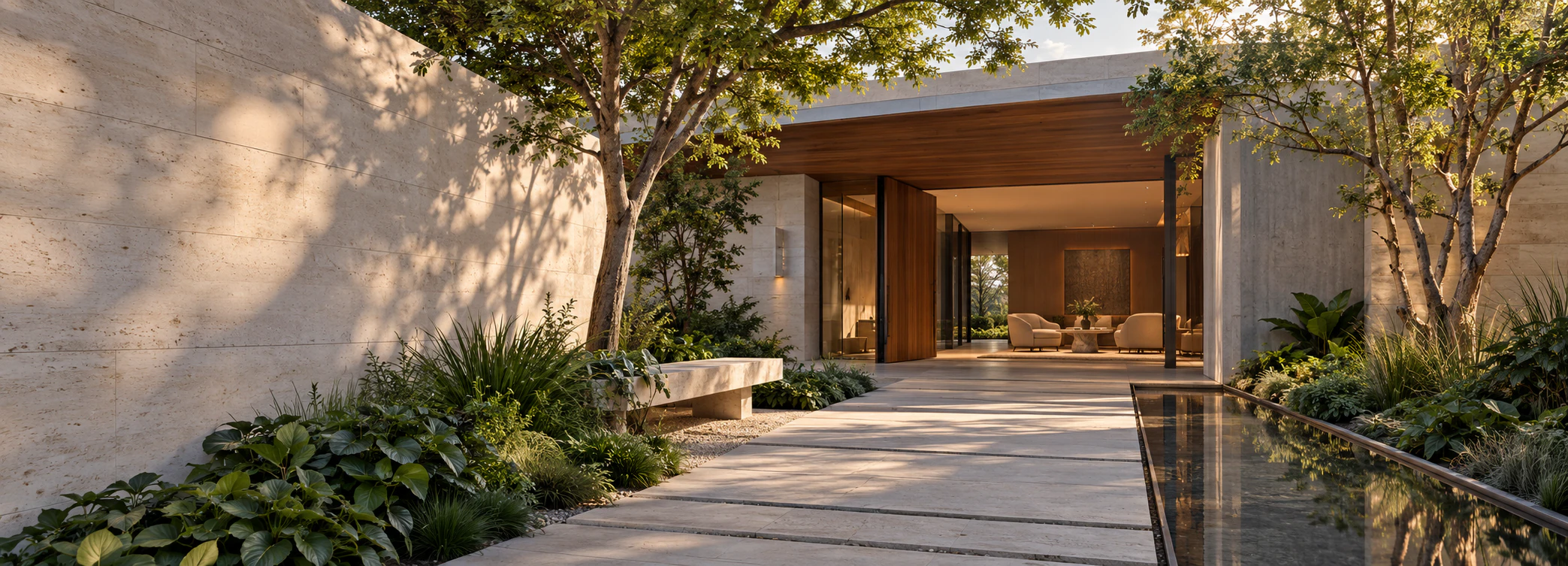 Acceso residencial contemporáneo entre vegetación y luz cálida