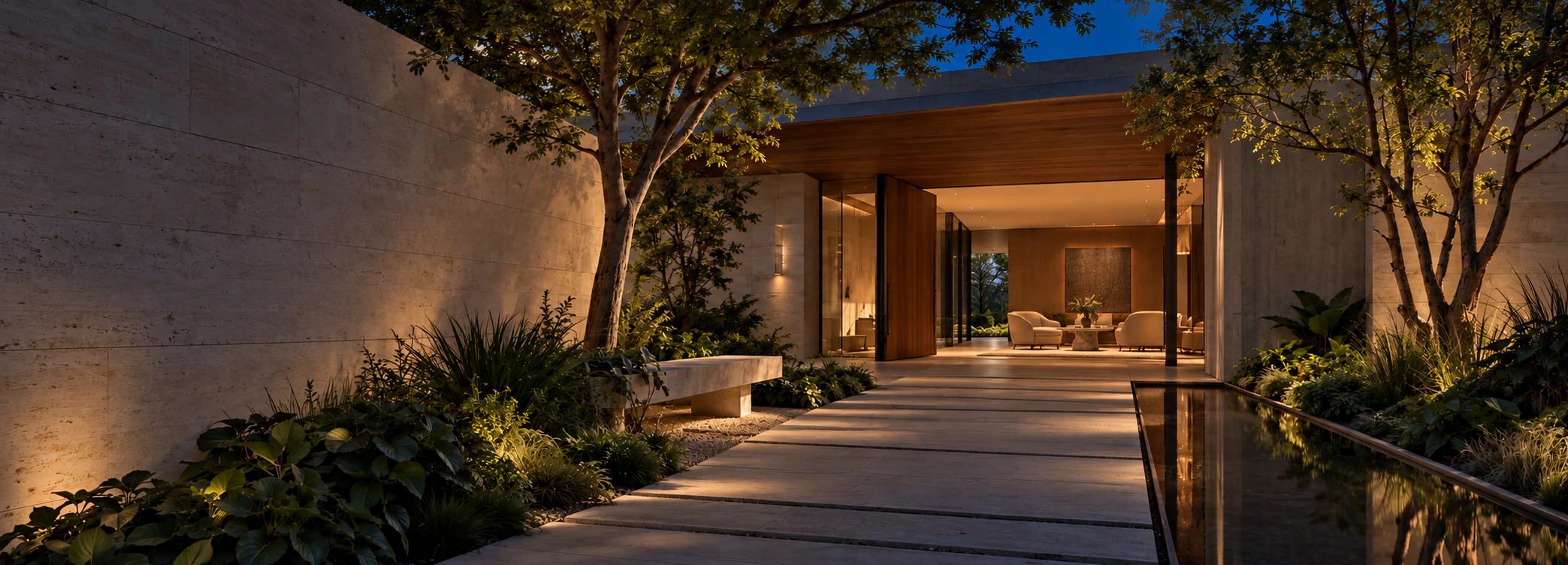 Acceso residencial contemporáneo entre vegetación y luz cálida