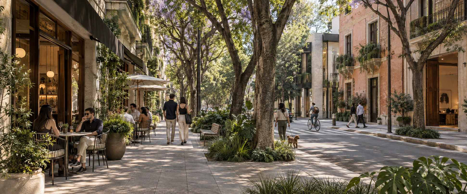 Vida urbana cotidiana en un barrio mexicano arbolado y caminable