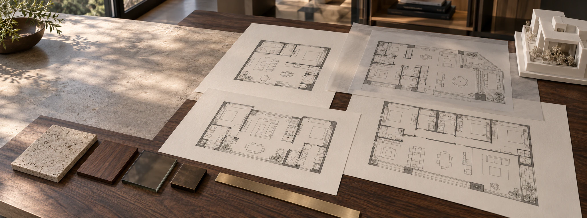 Planos, maquetas y muestras de materiales para comparar tipologías