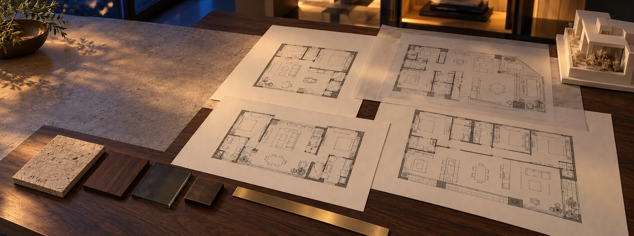 Planos, maquetas y muestras de materiales para comparar tipologías